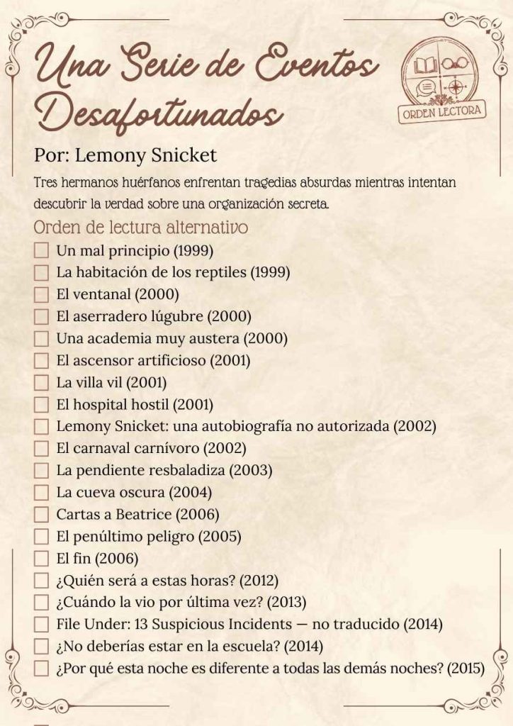 Una Serie de Eventos Desafortunados Libros en Orden Alternativo